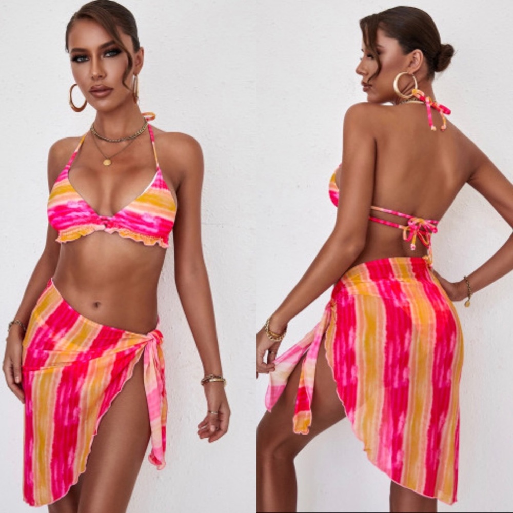 Tie-dye Ruffle Bikini with Sarong 3 Piece Set